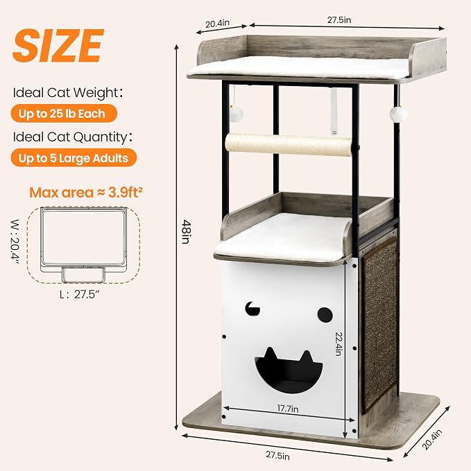 48in Wood Modern Cat Tree for Large Indoor Cats with Big Perch Bed | Multi-Level Climbing Design, Cat Cando, Sisal Scratching Posts and Board, Removable Washable Pads, Stable Greige