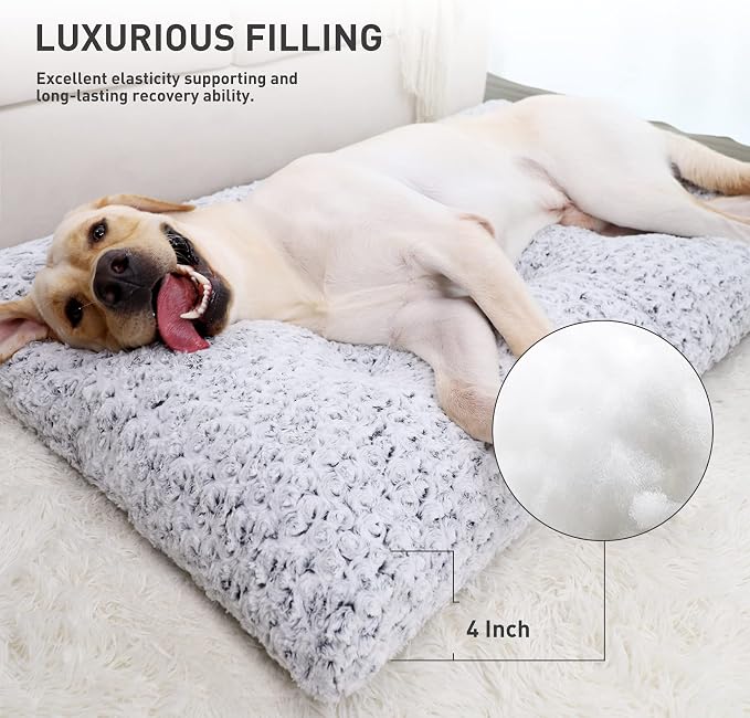 KSIIA Washable Dog Bed Deluxe Plush Dog Crate Pad Comfy Pet Bed Non-Slip Kennel Pad for Extra Large Dogs, 44" x 32", Grey