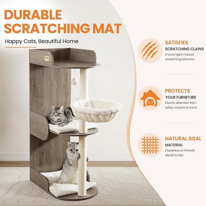 44.8in Modern Wood Cat Tree Tower for Indoor Large Cats with Perch | Multi-level Big Platforms, Sisal Scratching Posts, Cozy Hammock, Washable Pads, Ideal for Windows and Corners, Greige