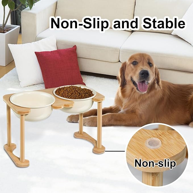 Elevated Dog Bowls for Large Dogs, Ceramic Food and Water Bowl Set, Beige | Raised Pet Feeding Dishes, 8.25" Wide Double Modern Porcelain Bowls, 11" High Wooden Stand, Non-Slip, Easy Clean, 56Oz/1600ML