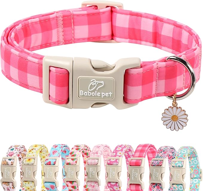 Girl Dog Collar for Medium Dogs - Cute Pink Plaid Puppy Collar, Soft Adjustable Spring Summer Female Dog Collars with Quick Release Buckle M