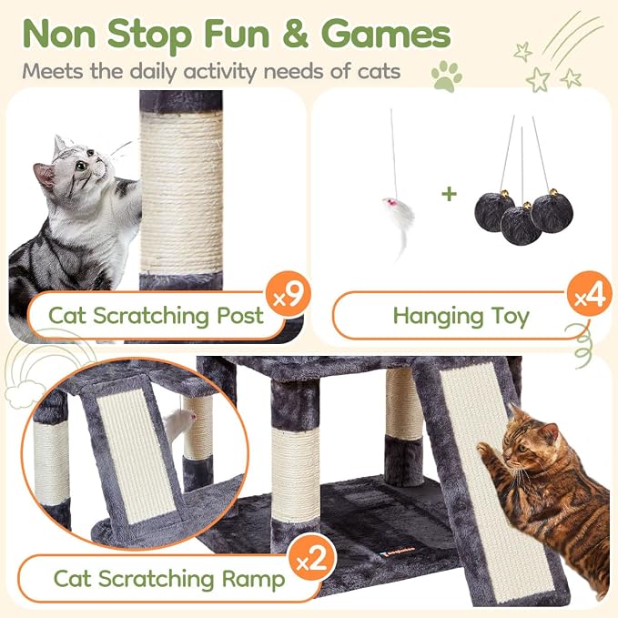 Taoqimiao Cat Tree for Large Cats, 76.8 Inches XL Cat Tower for Indoor Cats | 2 Scratch Boards, 3 Top Perches, 9 Scratching Posts, Multi-Level Cat Tree with 2 Condos, 2 Cozy Basket, Smoky Gray, T20G