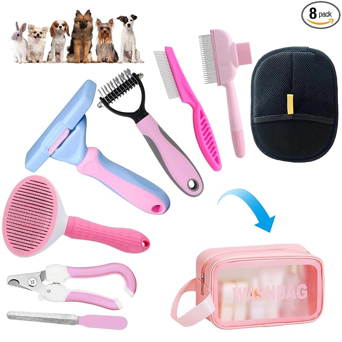 Aglads 8PCS Cat Rabbit Bunny Dog Grooming Kit, Self-Cleaning Slicker Brush & Deshedding Comb, Dematting Tool, Nail Clipper File, Flea Comb, Portable Storage Bag for Long/Short Haired Pets(8, pink)