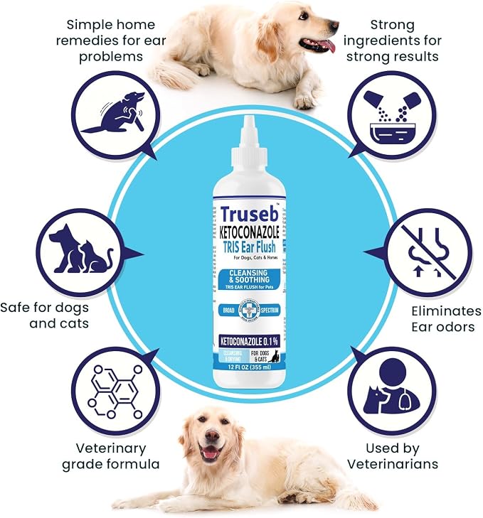 Truseb Cat & Dog Ear Infection Treatment Solution – Medicated Ketoconazole 1% TRIS with Trizmax EDTA (Tromethamine USP, Disodium Edta) – Soothes Itchy & Inflamed Ears, Cleans Debris and Buildup(12 oz)