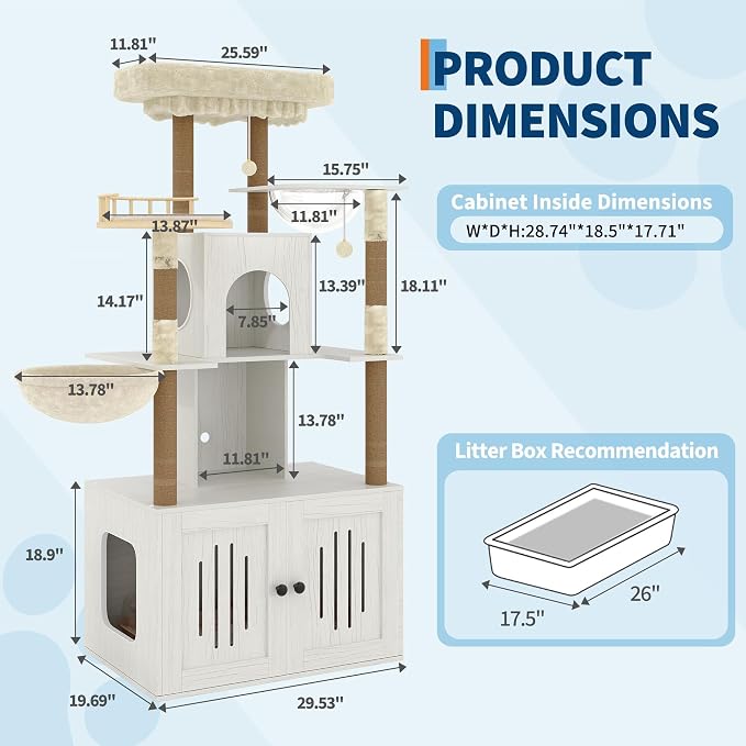 TrailBlaze Modern Multi-Level Cat Tree with Hidden Litter Box Enclosure - Large Soft Perch - Sisal Scratching Posts - Cat Condo & Hammock for Indoor Cats - Natural Wood Color