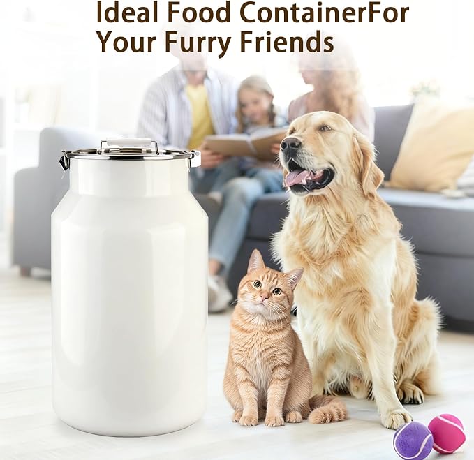 Dog-Cat Food Storage Container 40 lb, Large Stainless Steel Bin | 38 Qt 304 stainless steel bin holds up to 40 lb of dry pet food; silicone-sealed airtight lid; 1-cup wood-handled scoop.