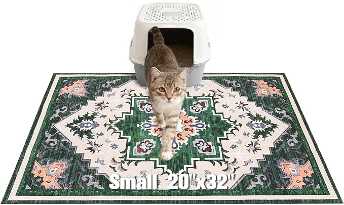 EXPAWLORER Cat Litter Mat, 20”x32” Small Non-Slip Urine Waterproof Litter Trapping Mat Easy to Clean Washable Litter Box Mat for Floor Soft on Kitty Paws, Indoor Food Mats Rug Pads for Bathroom Green