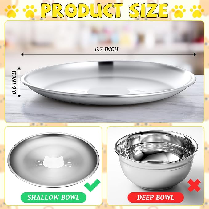 Domensi 12 Pieces Stainless Steel Cat Bowl Metal Pet Food Dish Beard Fatigue Relief Replacement Easy to Clean Indoor Wet Feeding Flat Plates for Dogs Kitten and Other Small Animals(6.7 Inch,Cat)