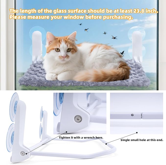 SMOUATOU Cat Window Perch, Cordless Foldable Cat Hammock Bed with 4 Suction Cups, Embeded Machine Washable Bed for Indoor Cats, Strong Metal Frame Holds 40lbs (Grey)