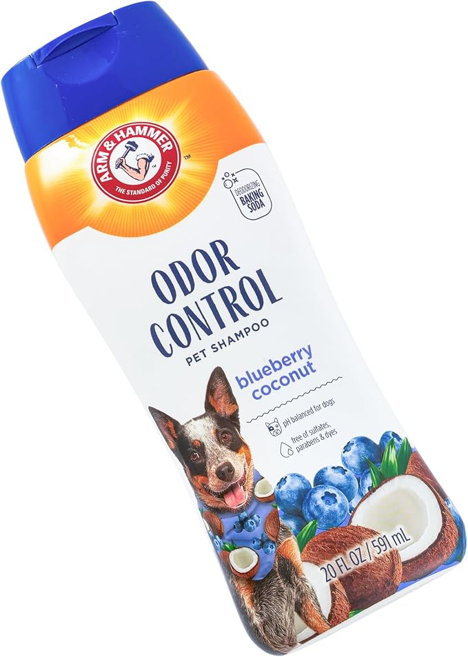 Arm & Hammer Odor Control Dog Shampoo, Blueberry Coconut, 20 Fl Oz | Baking soda enhanced, pH-balanced formula, free of sulfates, for all dogs and puppies, daily grooming