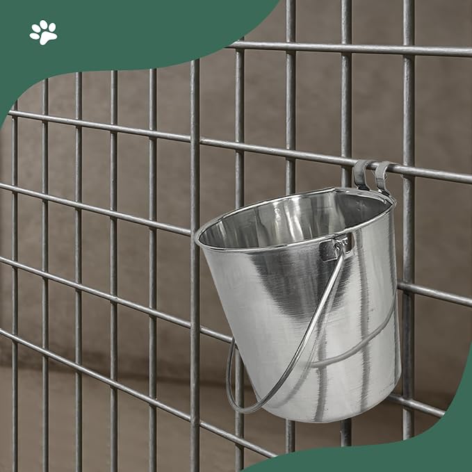 Advance Pet Products 6 Quart Stainless Steel Bucket with Dual Hook | Perfectly Fits on Kennels, Cages and Critter Crates | Heavy Duty Bucket for Pets Cleaning & Food Prep - Flat Sided Pail