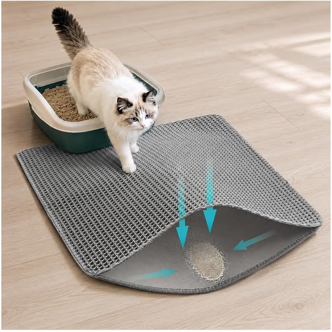 Cat Litter Mat for Indoor Cats EVA Double-Layer Litter Box Mat Washable for Easy Cleaning Cat Rug Collects Litter and Prevents Liquid Leakage (Gray, 23.6×30inch)