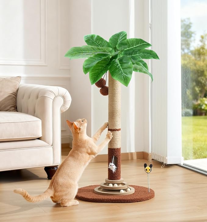 Made4Pets 35" Tall Cat Scratching Post with Sisal Rope, Interactive Hanging Balls, Toy Mouse and Two-Layer Ball Track Cat Toys, Palm Tree Cat Scratcher Tower for Indoor Cats and Kittens