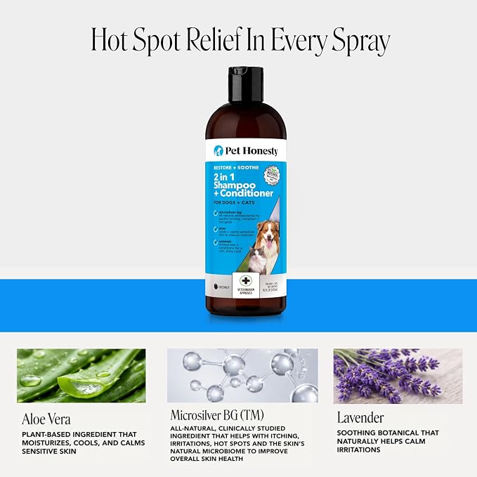 2 in 1 Dog Shampoo and Conditioner - Medicated Cat Shampoo for Itchy Skin Relief, Sensitive Skin Oatmeal Shampoo with Aloe Vera + MicroSilver BG for Hot Spot Treatment, Deodorizing Wash (16oz)