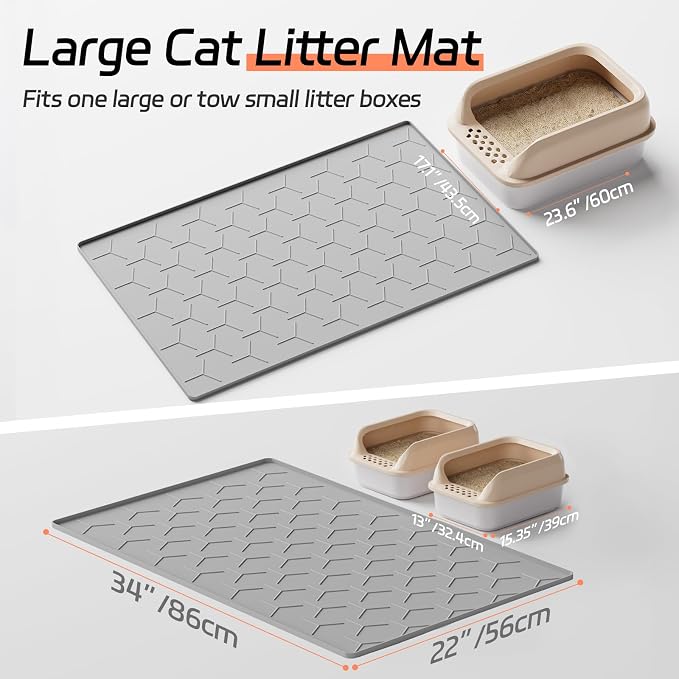 Bulkniu Silicone Cat Litter Mat, 22"x34", Raised Edge Waterproof, Grey | Litter Trapping & Recycling, Easy to Clean, Non-Slip, Durable Safe & Odorless, Paw Friendly