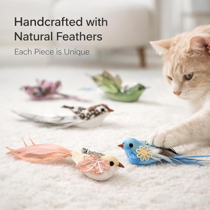 11PCS Realistic Bird Cat Toy Refills – Handmade Feather Cat Toys with Bell, Clip-on Cat Wand Attachments – Interactive Cat Toys for Indoor Cats, Refill Set for Wand Toy or Cute Home Décor