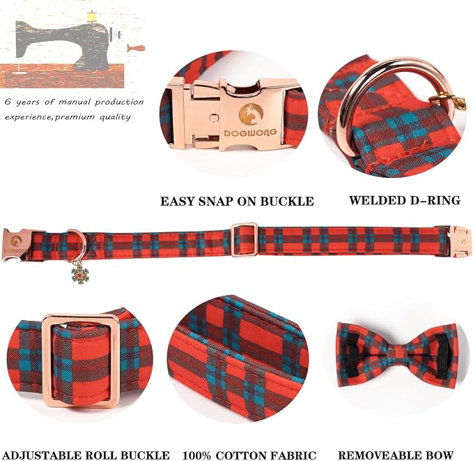 DOGWONG Christmas Dog Collar with Bow Tie, Red Green Plaid Dog Collar Durable Metal Buckle Adjustable Soft & Cute Red Checkered Dogs Collars for Small Medium Large Dogs, M