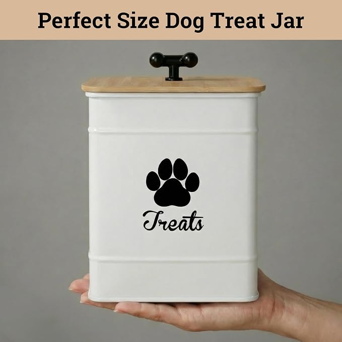 Dog Treat Container Airtight - 6 Inch Wide x 8 Inch Tall Iron Dog Treat Jar for Kitchen Counter with Airtight Bamboo Lid - 12 Cup Capacity Pet Treat Container - Doggie Cookie Jar - Big Treats Canister