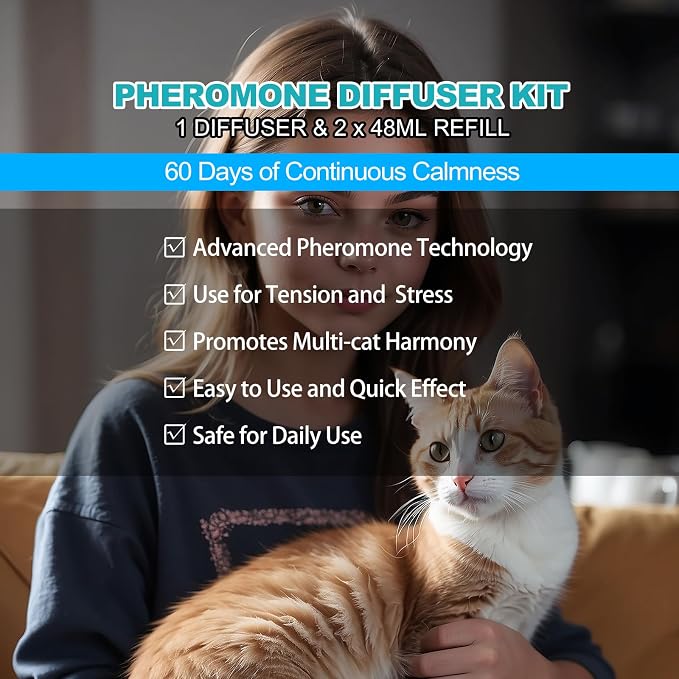 Cat Calming Diffuser, Cat Pheromones Calming Diffuser with 1 Diffuser + 2 Refills 48ml, Cat Anxiety Relief Cat Pheromone Diffuser Kit 60 Days, Pheromone Diffuser to Calm Cats