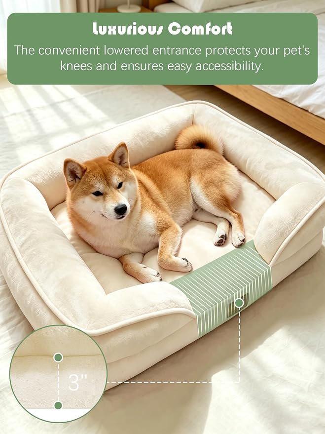 Spotted Play Orthopedic Dog Bed with Sides - Sofa Beds for Medium Dogs, Supportive Foam Pet Couch Bed with Washable Removable Cover, Waterproof Lining and Non-Slip Bottom, Ivory - M