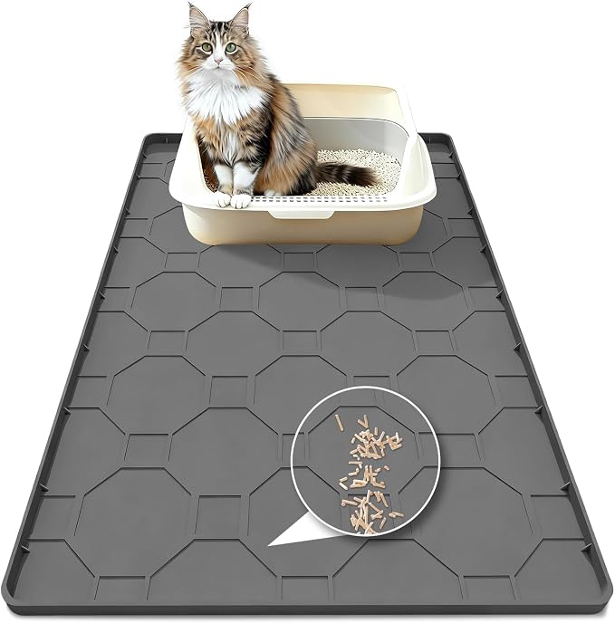 Silicone Cat Litter Mat, 34“ x 22” Waterproof Cat Litter Mats for Floors, Raised Edges Prevent Leaks and Make Cleaning Easy (Gray)