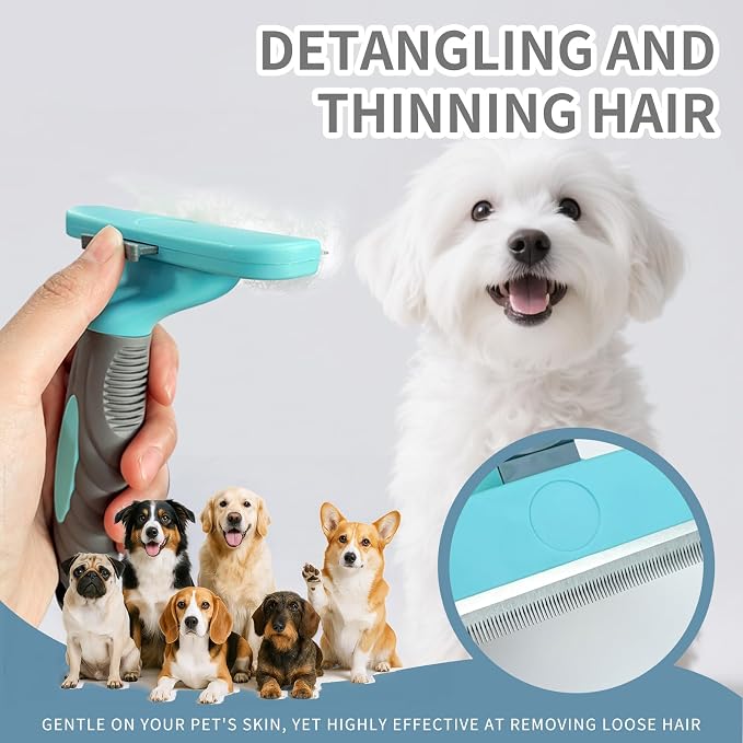 Self Cleaning Pet Shedding Brush for Long Short Haired Dogs & Cats (Small) | One-click hair removal, removes loose fur/tangles/mats, gentle on skin, stainless steel teeth, ergonomic handle