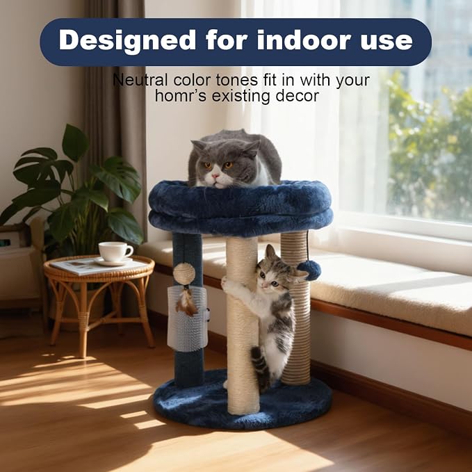 MECOOL Cat Scratching Post Tree with Tower Soft Bed.Natural Quality Sisal Carpet Jute Scratch Posts with Three Hanging Ball Toys and Massage Brush for Indoor Cats and Kittens Blue
