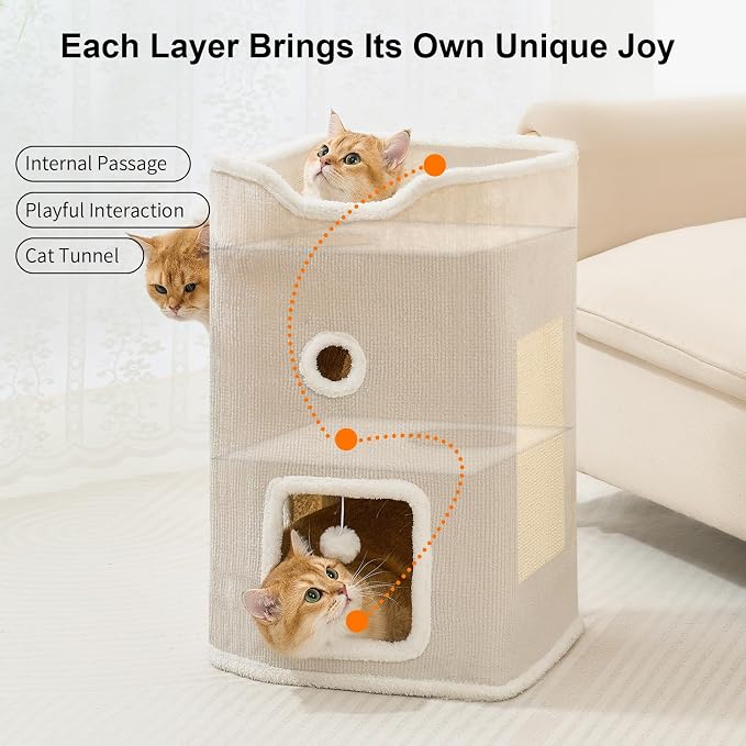 Cat House, Cat Beds for Indoor Cats, 2-Story Cat Condo Cube | Cat Bed Cave with Scratch Pad and Fluffy Ball Hanging, Multi-Level Cozy Hideout Center Ideal for Small/Medium Cats