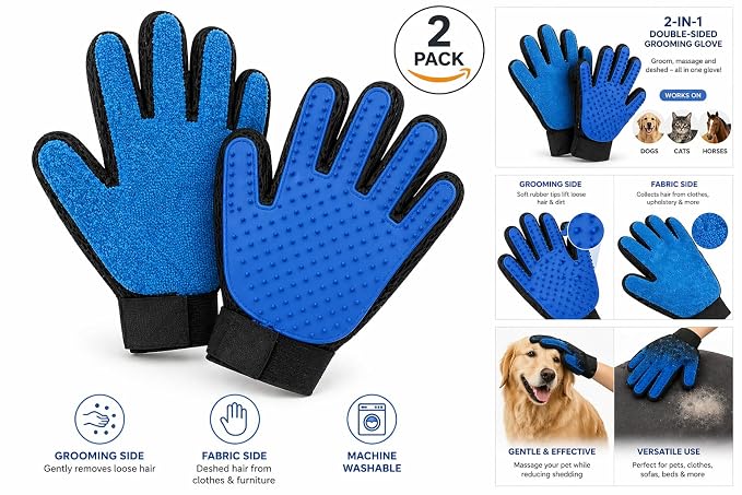 2-in-1 Pet Grooming Gloves 2-Pack – Double-Sided Deshedding & Pet Hair Remover for Dogs & Cats – Gentle Massage Glove – Lint Remover for Furniture & Clothing