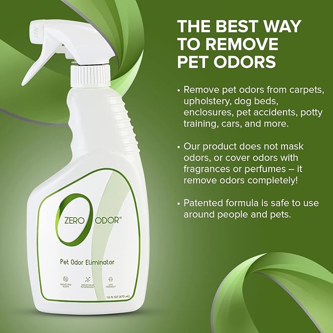 Zero Odor Pet Odor Eliminator Spray for Dog & Cat Urine, Carpet Deodorizer | Enzyme free, Urine Smell Eliminator for Pet Beds, Litter Areas & Furniture, 16 FL OZ