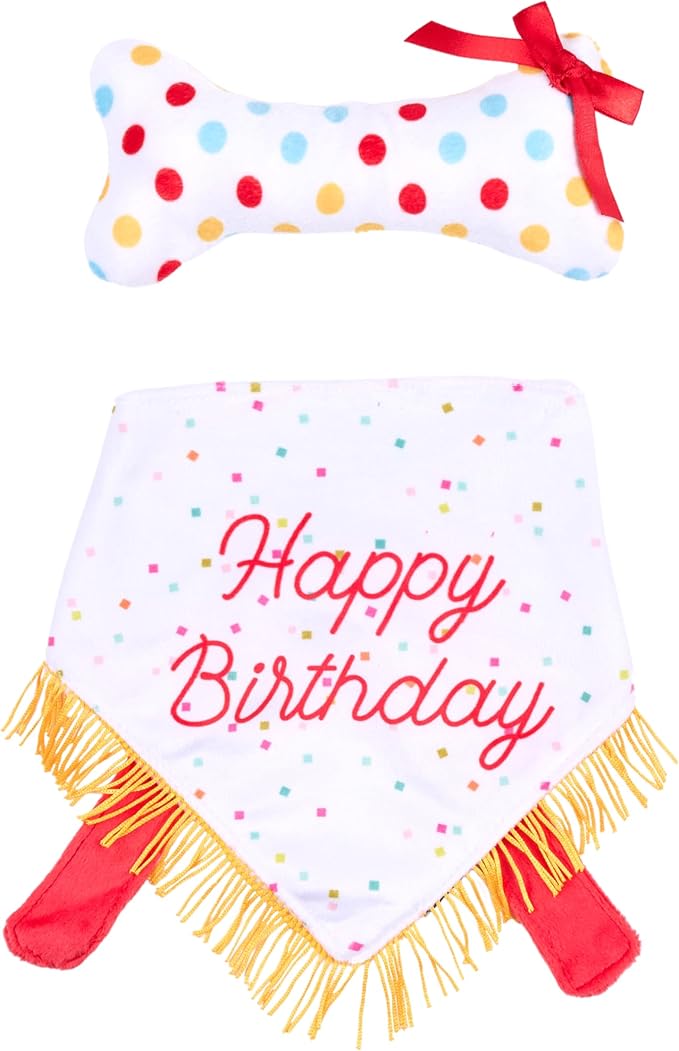 ZippyPaws Dog Birthday Gift Bandana & Bone - Cute Accessories for Girl & Boy Dogs, Holiday Set, Fits Small, Medium, & Large Dogs, Stuffed Plush Toy, Machine Washable Handkerchief - One Size Fits Most