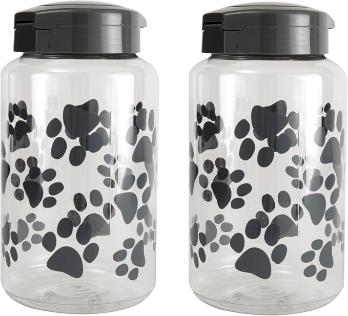 Lixit® Dog Treat Plastic Jar - Airtight Food and Treat Storage Jars for Dogs, Cats, Small Animals and Birds - Made in USA (Paw Prints - Gray, 128 Ounce (Pack of 2))