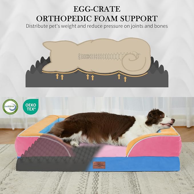Comfort Expression Orthopedic Dog Bed for Extra Large Dogs with Bolster | Waterproof Dog Couch Bed with Washable Cover & Non-Slip Bottom, Supportive Egg Crate Foam XL Pet Bed, 42x30 Inch