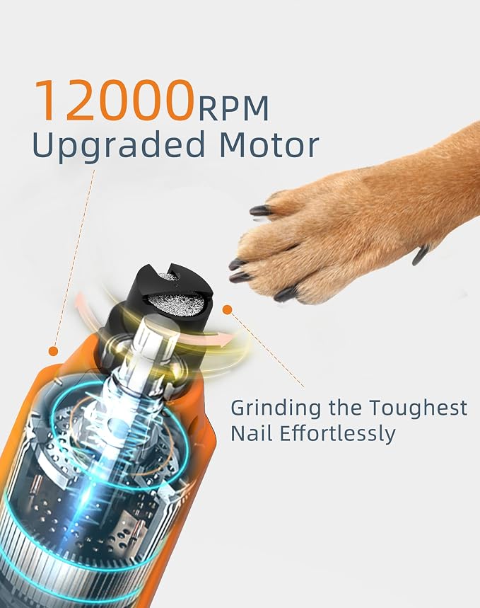6-Speed Dog Nail Grinder & 3 Grinding Heads Super Quiet 45dB with 2 LED Lights 12000RPM Pet Nail Grinder& 3 Grinding Ports Dog Nail Trimmer for Large Medium Small Dogs with Dust Cap