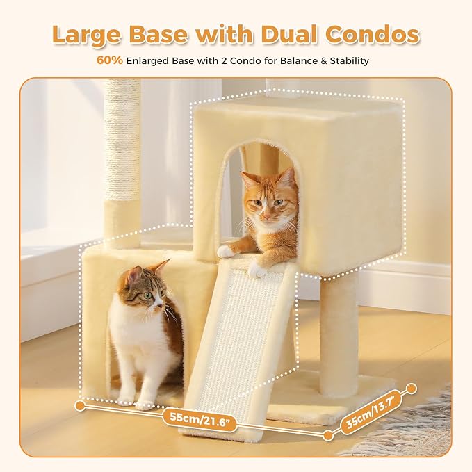 PAWZ Road Cat Tree, 35 Inches Cat Tower with Dual Condos for Adult Cats,Enlarged Top Perch, Scratching Posts&Pad for Indoor Cats-Beige