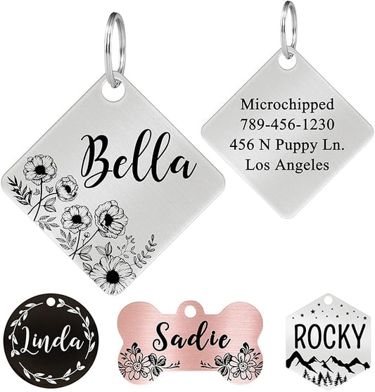 Ultra Joys Stainless Steel Pet ID Tags - Personalized Front and Back Engraving, Customized Dog and Cat Tags, Optional Engraved on Both Sides, Diamond Flower Silver Small
