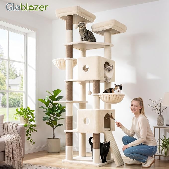 Globlazer 84in Extra Tall Cat Tree Tower for Indoor Large Cats 20lbs, F84G | Multi-Level Big Climbing Tower, 7 Scratching Posts & Board, 2 Cat Condos with Pad, 2 Soft Perches, 2 Sturdy Baskets, Beige
