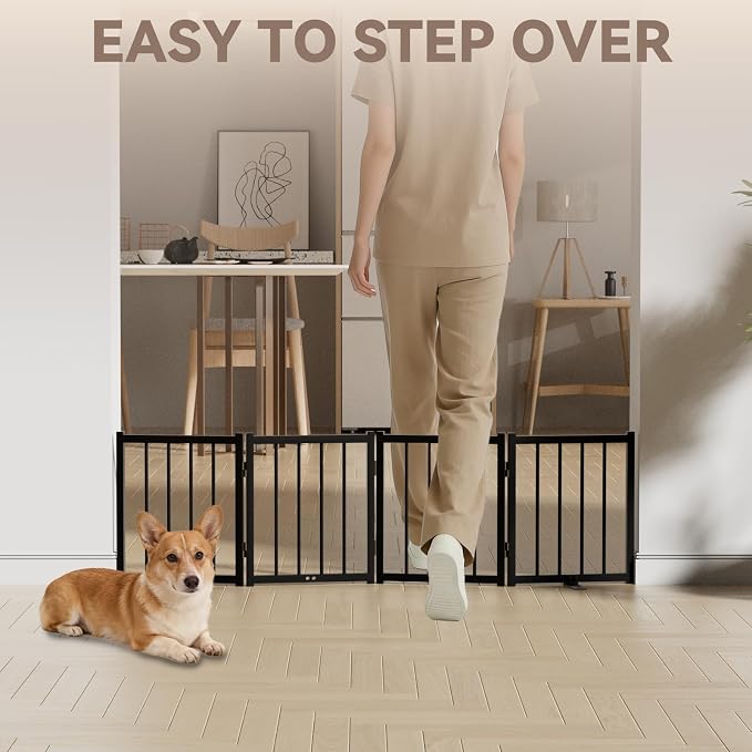 Snuowu 16" Freestanding Short Dog Gate for Small Dogs – Foldable & Retractable, Expands Up to 48" Wide, 4-Panel Pet Barrier for Doorways, Stairs & Hallways (Black)