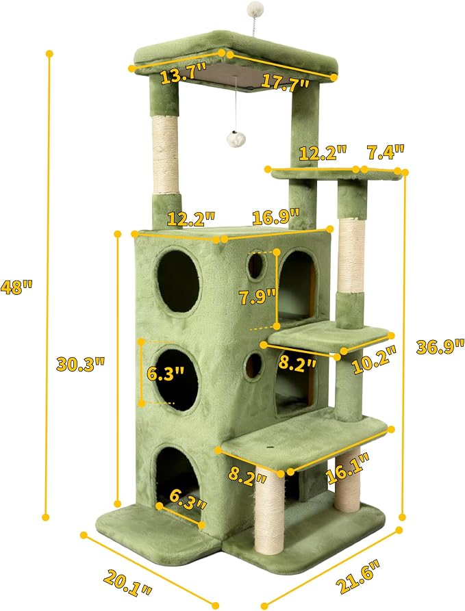 48" Cat Tree Tower for Indoor Cats, Multi-Level Cat House for Large Cats with 3 Cozy Cat Condos, Extra Large Top Perch, Sisal Scratching Posts & Climbing Steps, Green