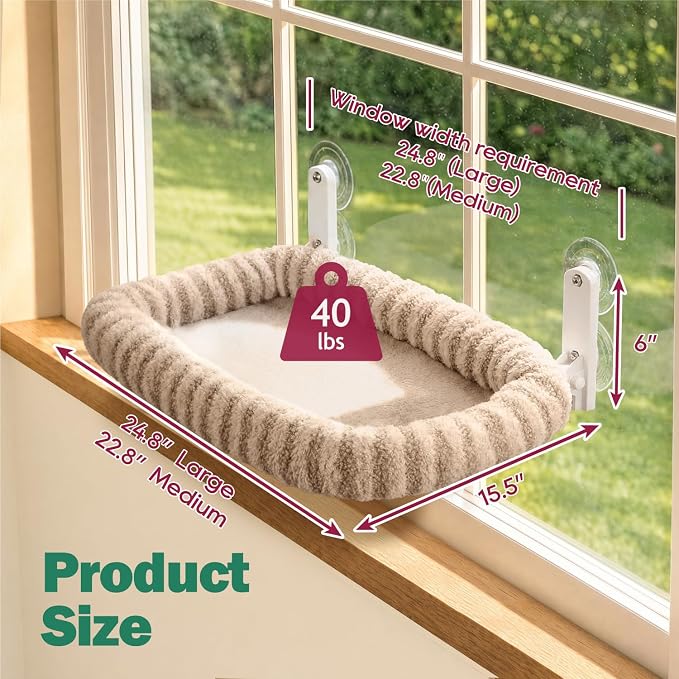 Zakkart Mellow Foldable Cat Window Perch, Upgraded Suction Cups (Brown, L) | Curtain-Friendly, Dual-Fabric Striped Machine Washable Bed, Heavy Duty ABS & Metal Frame, Hold up to 40 lbs., 24.8"W x 15.5"D