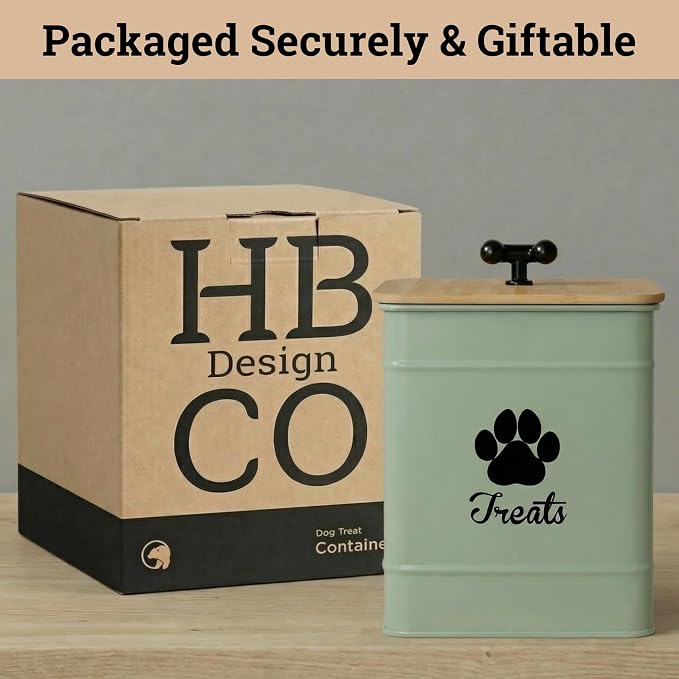 Dog Treat Container Airtight - 6 Inch Wide x 8 Inch Tall Iron Dog Treat Jar for Kitchen Counter with Airtight Bamboo Lid - 12 Cup Capacity Pet Treat Container - Doggie Cookie Jar - Big Treats Canister