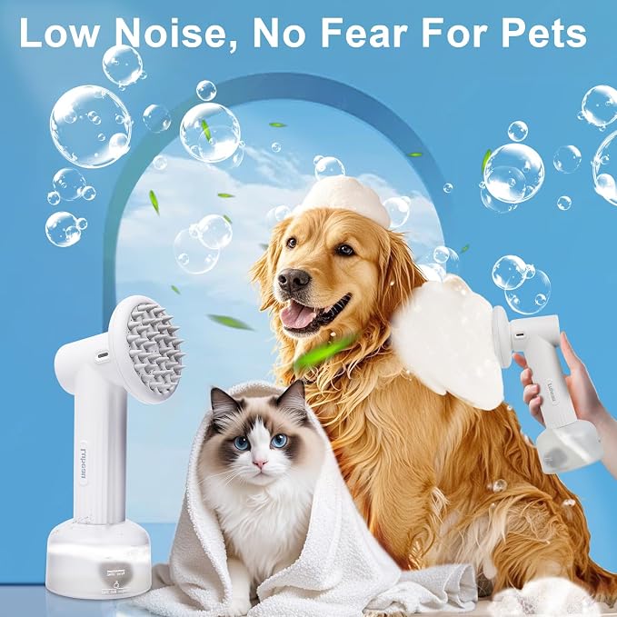 Pet Electric Foaming Dog Shampoo Dispenser with Brush for Dogs Bathing, Soft Brush, Massaging and Grooming, Bubble/Spray Mode, Rechargeable Dog Foam Sprayer Soap Dispenser for Short/Long Haired Pet