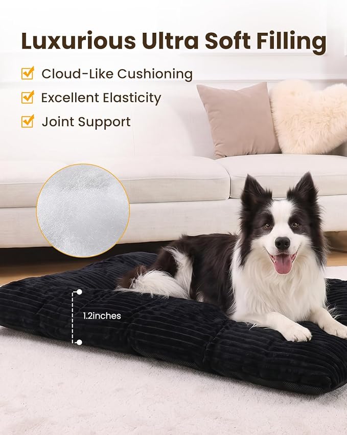 KSIIA Washable Dog Crate Bed Kennel Mat for Large Dogs, 48 x 29 Inch, Black | 3in thick soft PP filling,Elastic rebound,300gsm shed-proof flannel,Soft skin-friendly,Anti-slip bottom,Machine washable
