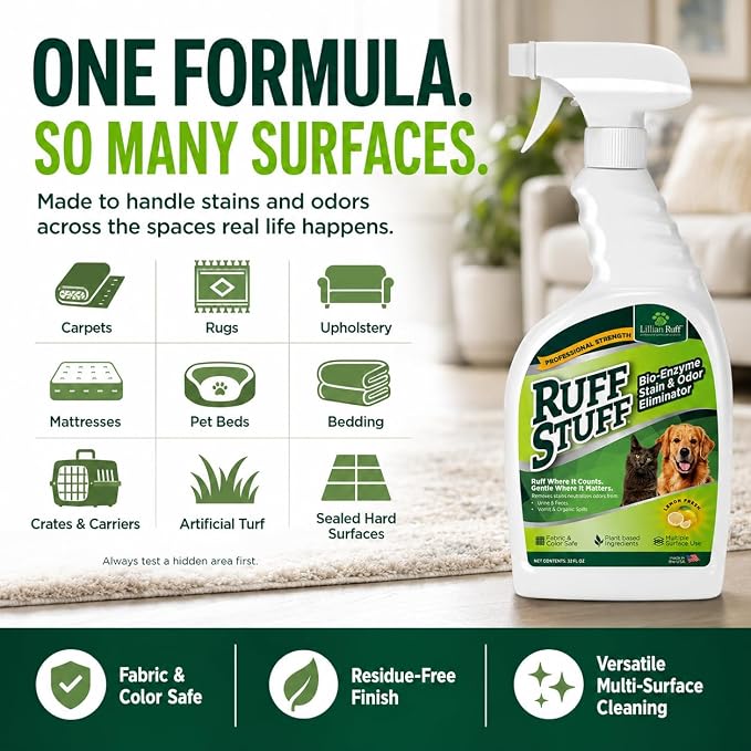 RUFF STUFF Max-Strength Bioenzyme Cleaner, Pet Stain & Odor Eliminator, Laundry Stain Remover Spray for Clothes, Dog Urine Carpet & Upholstery Cleaner, Lemon Scent, 32 Fl Oz