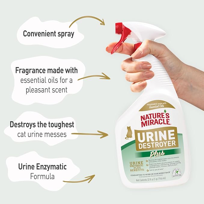 Nature's Miracle Cat Urine Destroyer Plus, Enzymatic Cleaner, 32 oz | Destroys the Toughest Cat Urine Stains, For Use on Multiple Surfaces, Safe For Pets and Home*, Fresh Scent