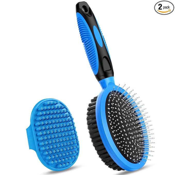 2PCS Pet Grooming Tools - Double-Sided Brush for Shedding and Bathing, Suitable for Short/Long Haired Dogs Cats and Horses, Deshedding Dog Brush, Mane & Tail Combs for Horses - Pet Supplies (Blue)