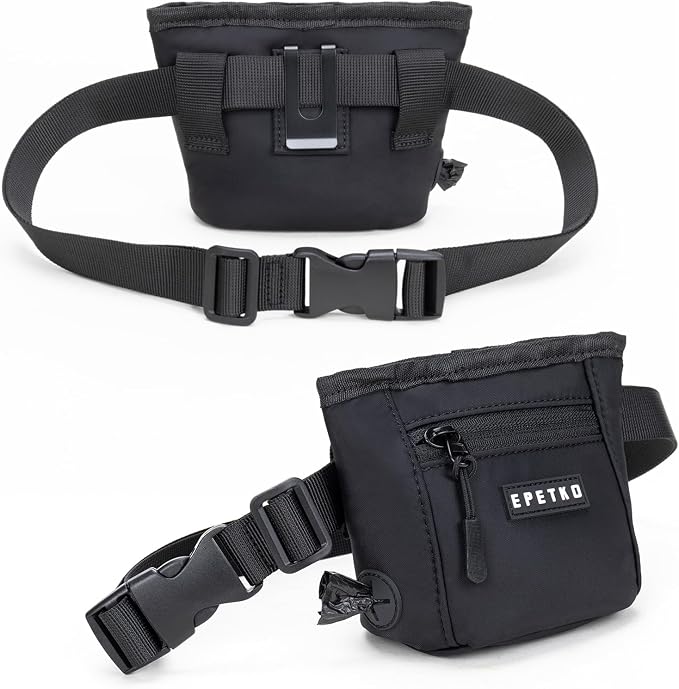 Dog Treat Pouch, Powerful Magnet Closure Device Dog Training Treat Bag Large Capacity Pet Treat Pouch with Poop Bag Dispenser Treat Bag for Dog Training with Metal Waistband Clip (Black)