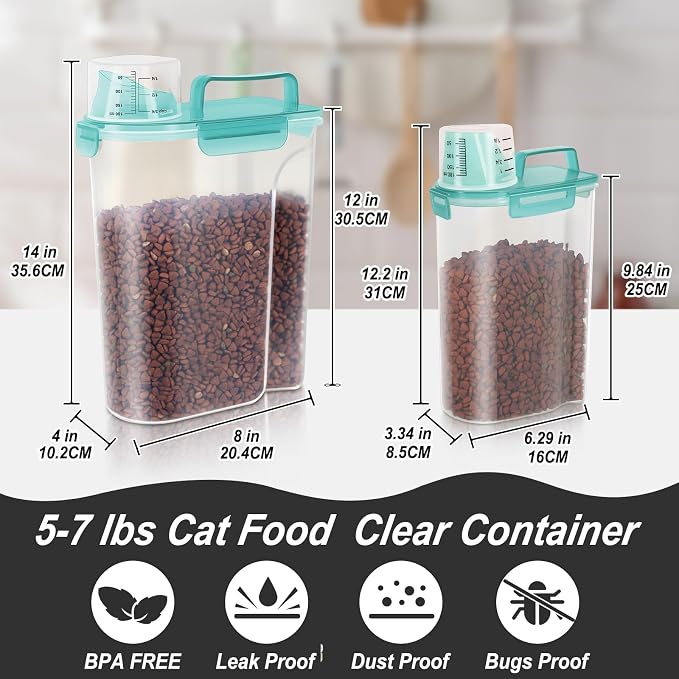 LEAWALK 2Pack Cat Dog Food Storage Container with Upgraded Large Nozzle BPA-free, 3+5lbs Plastic Pet Food Containers with 4 Sealed Clasps/1 Measuring Cup/ Handle Easy to Clean and Carry (Clear Blue)
