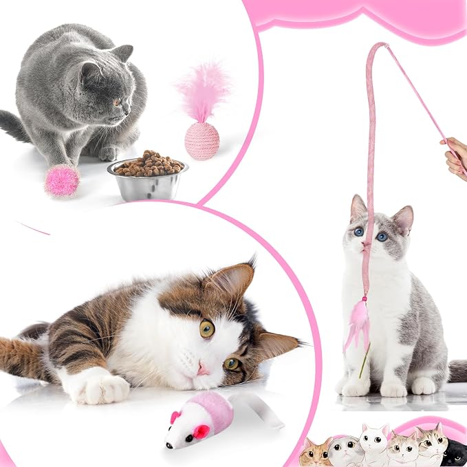 Foilswirl 24 Pcs Cat Toys Set Interactive Kitten Toys Pack Including Collapsible Play Tunnel Feather Teaser Wand Fuzzy Ball Springs Pillow Mouse Bells for Indoor Cats Puppy(Pink)
