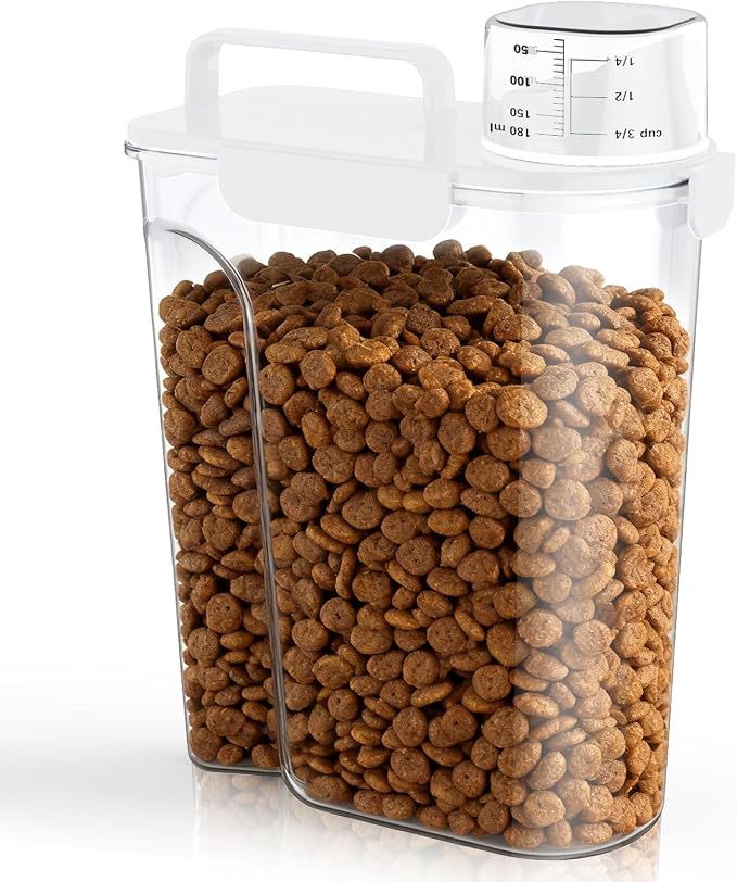 Uppetly Dog Cat Food Storage Container, 5-7Lbs Pet Food Containers, Airtight Cat Food Container with Portable Handle & Measuring Cup, Small Animal Dry Food Dispenser for Dogs, Cats and Birds White
